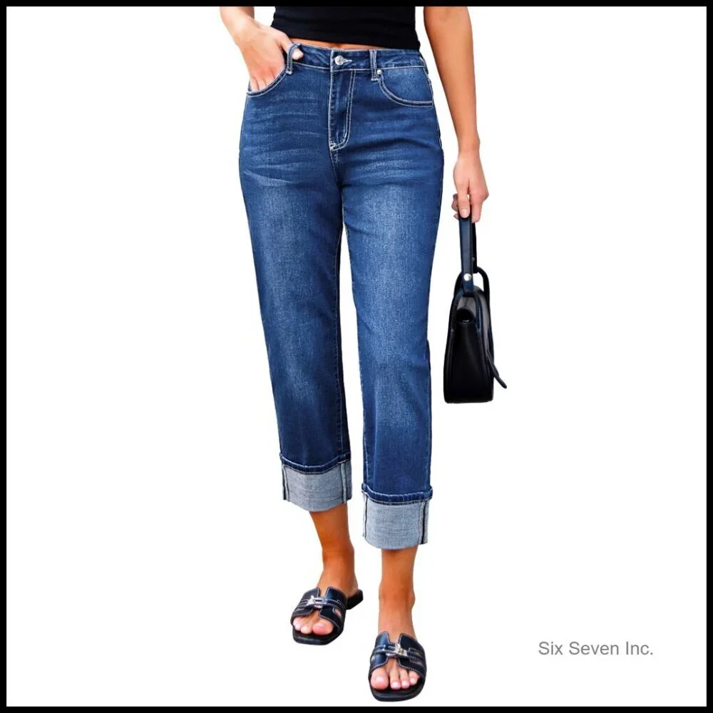 Straight Leg Jeans High Waisted Cropped Cuffed Hem Stretchy Boyfriend Fit